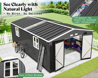 VanAcc 12x20x7.2 FT Outdoor Storage Shed with 2 Transparent Panels, Metal Garden Shed with Hinged Double Doors, Windows & Vents, Reinforced Steel Frame for Backyard Garden, DIY Workshop, Dark Gray