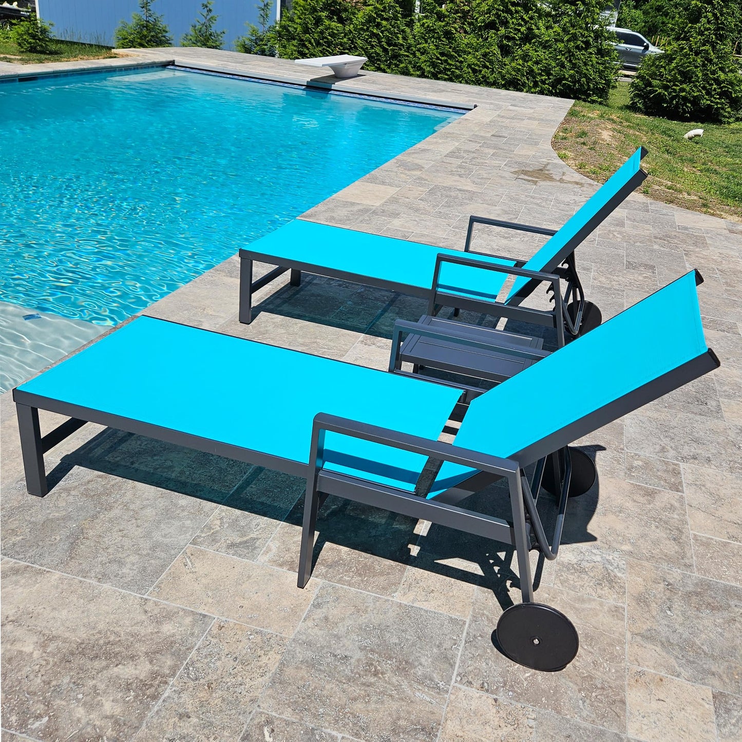 PURPLE LEAF Outdoor Chaise Lounge with Wheels Armrests Aluminum Pool Lounge Chairs Set of 2 Patio Chaise Lounge with 5 Position Recliner Includes Side Table for Deck Yard Poolside Turquoise Blue