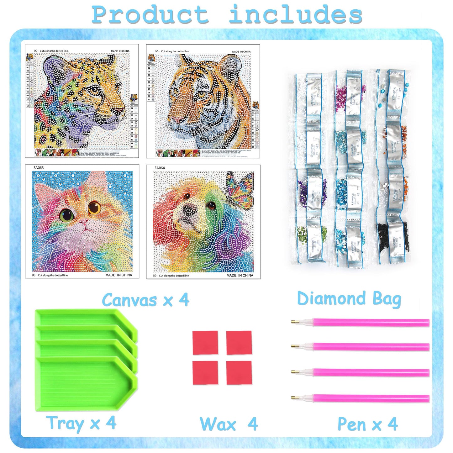 geesfayan 4 Pack Diamond Art Kit for Kids 6 Inch DIY Animal Gem Art with 4 Tools Sets, Gem Painting for Beginners, Creative Craft Gift for Teens & Kids(Tiger Leopard)