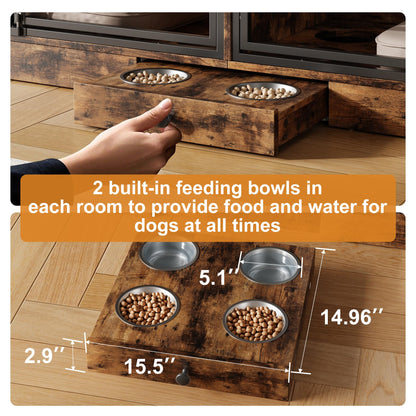 GarveeHome Dog Crate Furniture for 2 Dogs, Dog Kennel Indoor with 4 Storage Drawers and Feeding Bowls, Double Dog Crate TV Stand for Small Medium Dogs, Brown