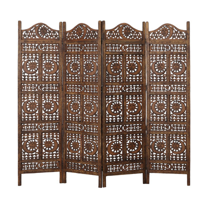 Hand Carved Sun and Moon Design Foldable 4 Panel Wooden Room Divider, Decorative Privacy Screen, Rustic Home Partition Decor