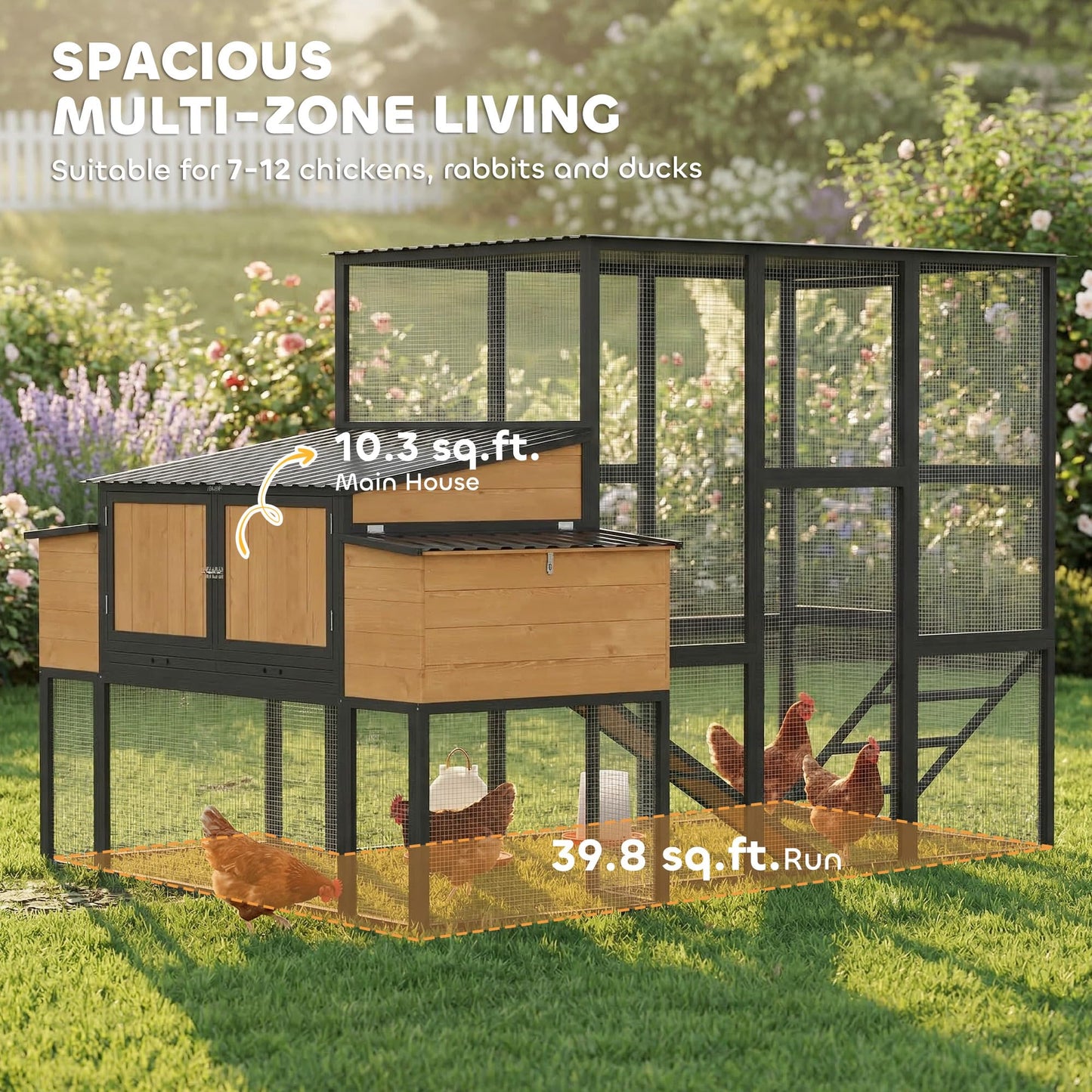 PawHut 105" Large Chicken Coop, Walk-in Wooden Hen House for 7-12 Hens, Poultry Cage Chicken House with Run, 2 Nesting Boxes, Roosting Bars, Waterproof Roof and Ramp, Yellow