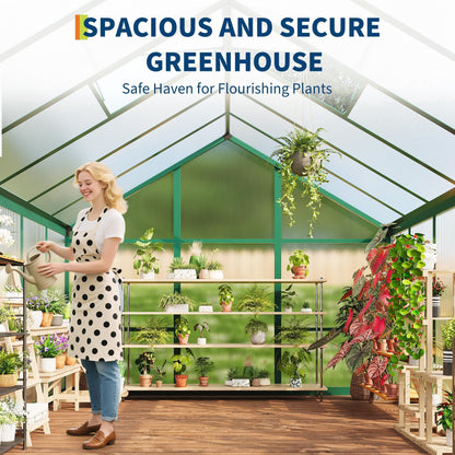 6X10 FT Greenhouse for Outdoors, Polycarbonate Flower Greenhouse with Roof Vent, Push-Pull Lockable Door, Aluminum Walk-in Greenhouses for Outside Garden Backyard, Patio, Lawn, Green