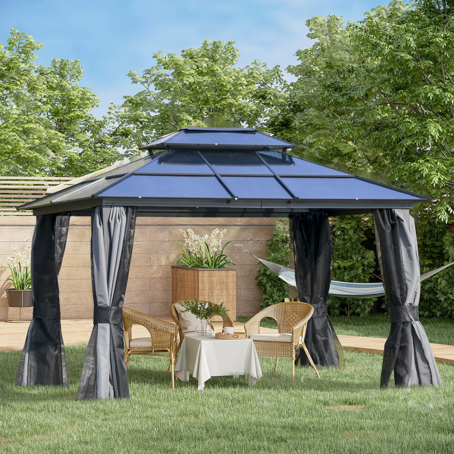 GOWE 10' x 12' Hardtop Gazebo Canopy with Polycarbonate Double Roof, Aluminum Frame, Permanent Pavilion Outdoor Gazebo with Netting and Curtains for Patio, Garden, Backyard, Deck, Lawn, Gray