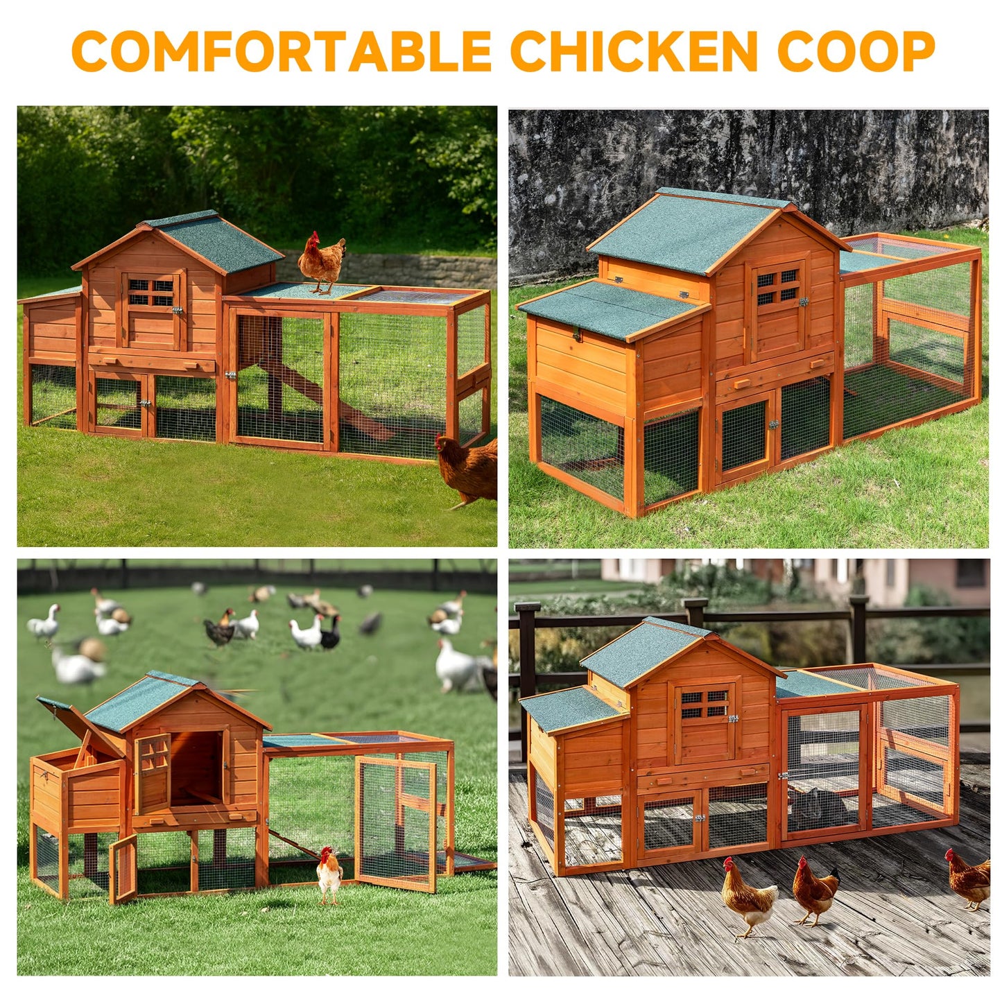 WHEGETED Large Chicken Coop Outdoor Durable Duck House Poultry Pet Hutch & 2 Wood Eggs Run Cage Nesting Box Waterproof Asphalt Roof Ramp Removable Tray Wire Fence for Backyard Small Animal79 Brown