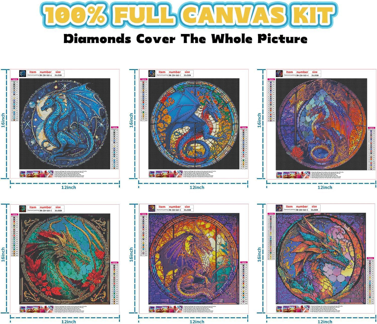 RYMILIE Diamond Painting Kits for Adults - 6 Pack Dragon DIY 5D Diamond Art Kits Full Drill Diamond Dots Paintings with Diamonds Gem Art and Crafts Home Decor 12x12inch
