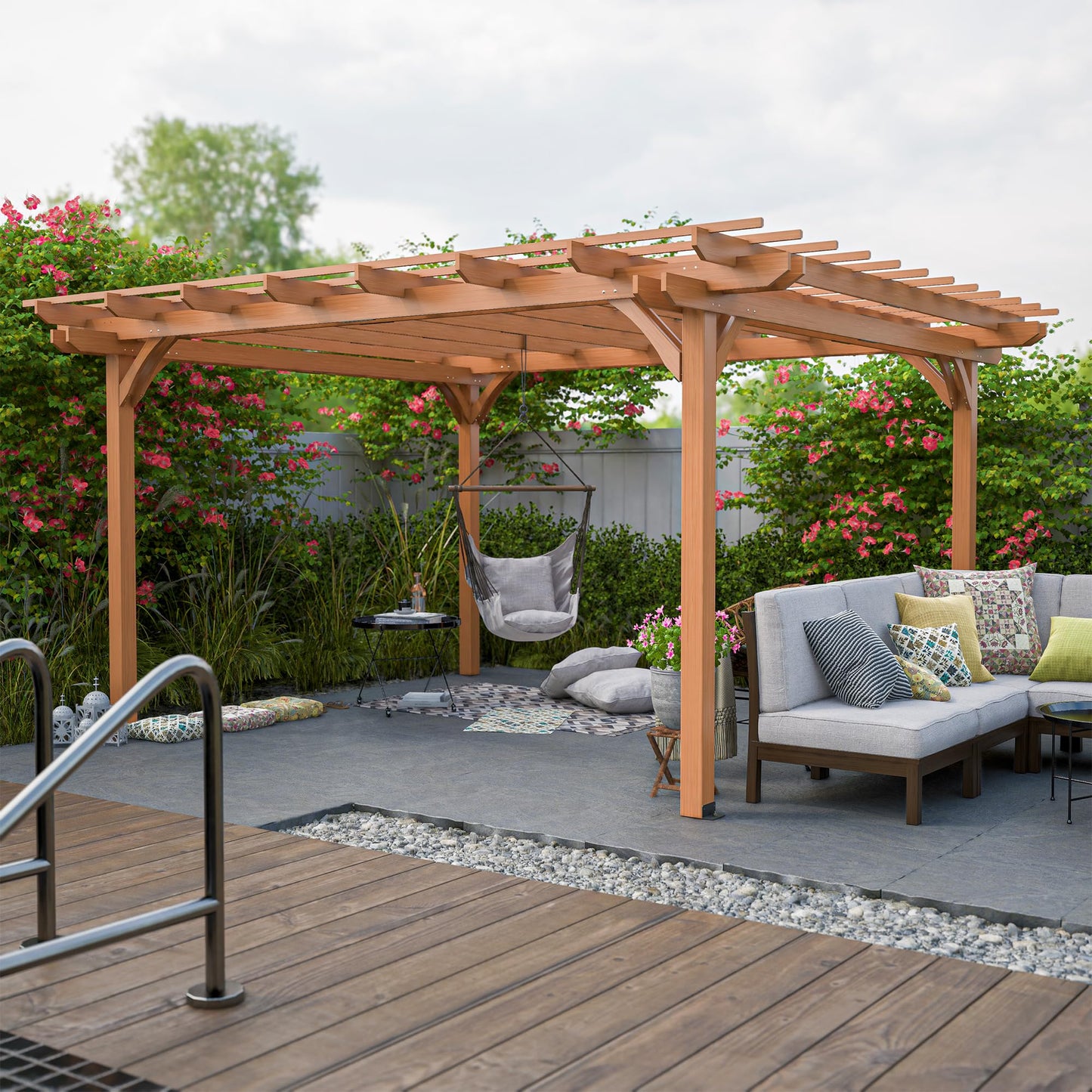 Echo Voyage 12' x 14' Outdoor Wood Pergola, Wooden Patio Pergola Gazebo for Climbing Plant Support, Garden,Brown