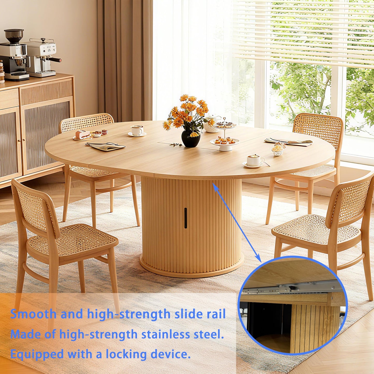 Wildhome Extendable Round Dining Table for 2-4-6, 59 Inch Dining Room Kitchen Table with 2-Tier Storage Shelf, Modern Farmhouse Fluted Wood Slide Door Dinner Furniture,Oval Circle,Oak