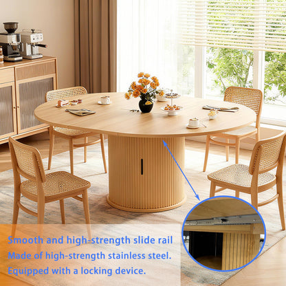 Wildhome Extendable Round Dining Table for 2-4-6, 59 Inch Dining Room Kitchen Table with 2-Tier Storage Shelf, Modern Farmhouse Fluted Wood Slide Door Dinner Furniture,Oval Circle,Oak