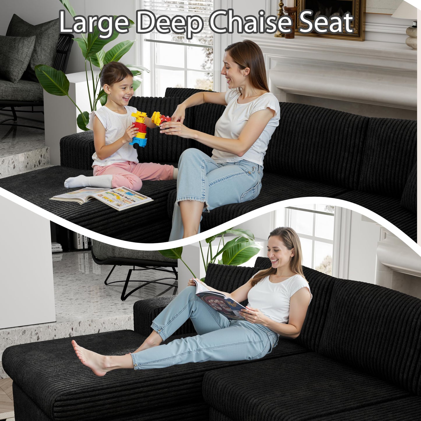 Shintenchi 105" Modular Sectional Sofa, Boneless L Shaped Couch with Deep Seat, Cloud Foam Couch with Oversized Chaise, Plush Corduroy Sofa No Assembly Needed for Living Room, Black