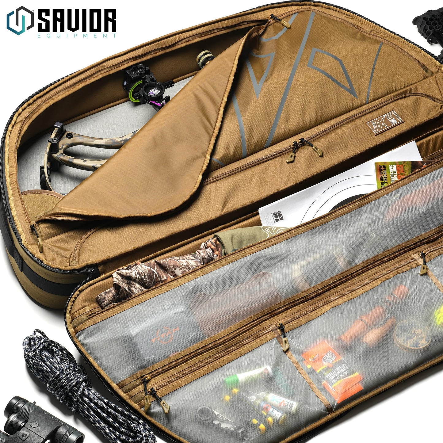 Savior Equipment Hyperion Deluxe Compound Bow Case Soft Shell Bag Fits 32" 36" 40" ATA, w/CamShield Cover & Quick-Release Grip Wrap, w/Backpack Shoulder Straps (Coyote Brown, 32" ATA)