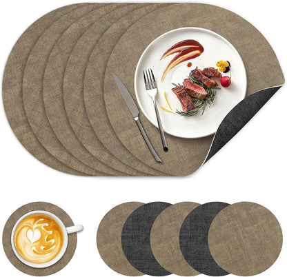 13" Set 6, Round Placemats of NCUE Dual-Sided Faux Leather Heat Resistant Table Mats, Waterproof Oilproof Washable