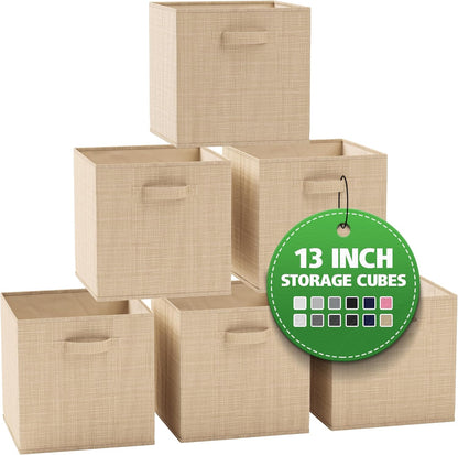 Fabric Storage Cubes for Cube Organizer, 6 Pack Heavy Duty Textured Beige Storage Bins, 13 Inch Cube