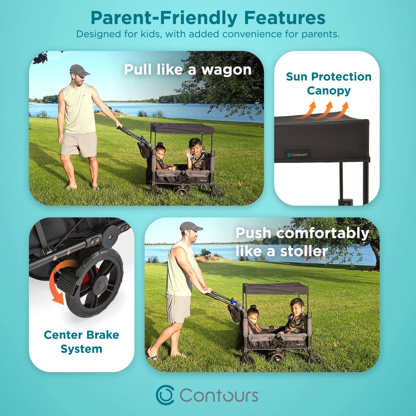 Contours Curve 360 Lightweight Double Baby Stroller Wagon for 2 Kids, Fits Infant Car Seats, Ultra Maneuverable, Easy in and Out for Toddlers with Deep Footwell, Storage Pockets and Adjustable Handle