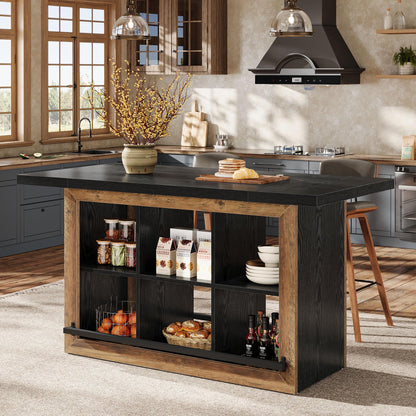 Tribesigns Kitchen Island with Storage, Counter Height Kitchen Island Table with 6 Open Cubbies and Footrests, Coffee Bar Table for Dining Room, Black&Brown