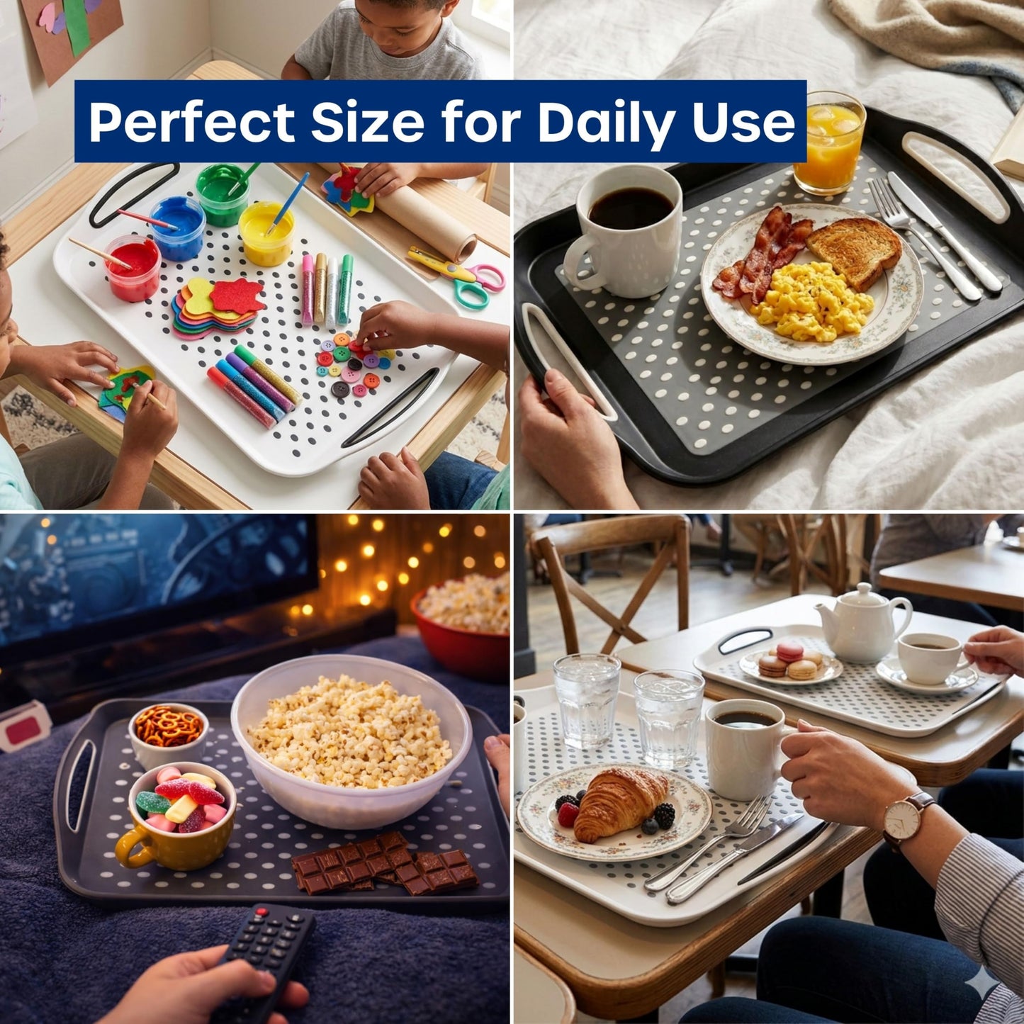 Food Trays for Eating on Couch - 2 Pack - Non Slip Dinner Trays for Eating Set of 2 Non Slip Serving Tray and Food Tray with Handles (Black)