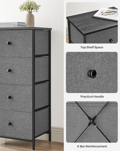 SONGMICS Fabric Dresser - 4 Drawer Small Chest with Metal Frame | Gray and Black Wood Grain Finish