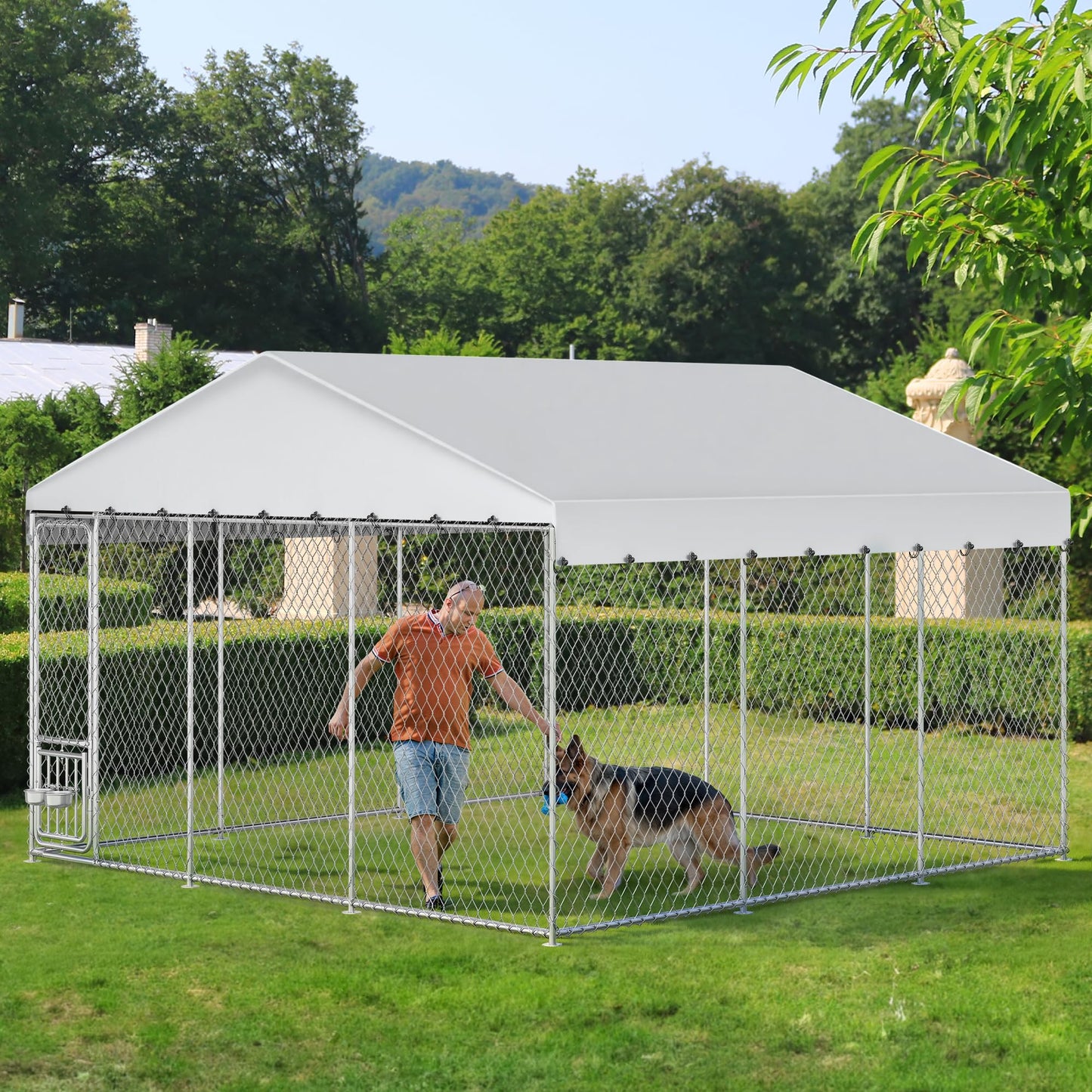 YITAHOME 14.8'x14.8' Large Outdoor Dog Kennel with Rotating Feeder Bowls, Outdoor Dog Enclosure with Roof, Heavy Duty Dog Cage for Large Dogs