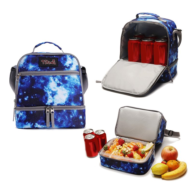 Tilami Lunch Bags Insulated Adjustable Strap Zipper, Two Compartments Cooler Bags, Bento Bags for Kids Toddlers (Blue)