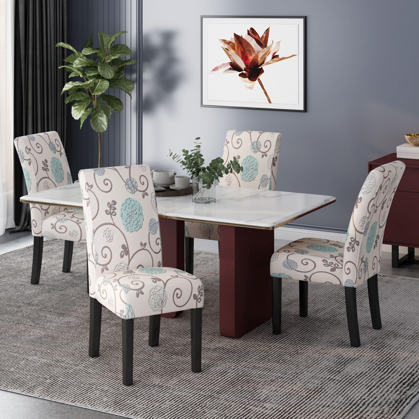 Evangeline Contemporary Fabric Dining Chairs (Set of 4), Light Beige with Blue Floral
