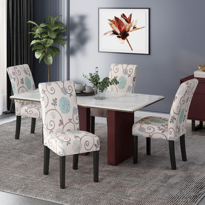 Evangeline Contemporary Fabric Dining Chairs (Set of 4), Light Beige with Blue Floral