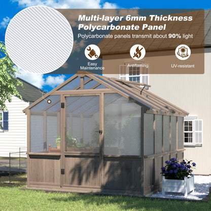 Yardenaler 8x10 FT Greenhouse Kit with 6MM Thick Polycarbonate Panel for Outdoor, Wooden Walk-in Green House with Adjustable Roof Vent and Lockable Door, Backyard, Garden, Light Mocha Brown