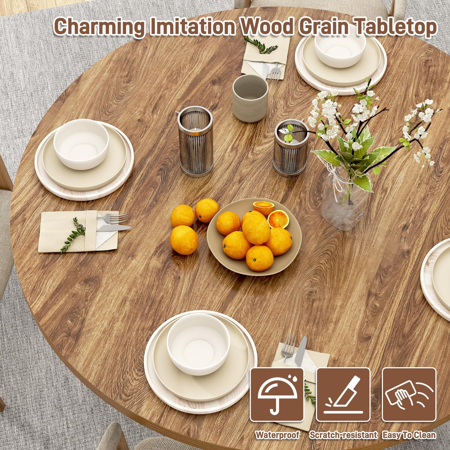 Round Wood Dining Table for Kitchen,Dining Room,Living Room,Farmhouse Dinner Tables W/Thickened Brown Wooden Waterproof Tabletop for 4 People,47 inch Rustic Kitchen Table W/Metal Support(OAK)