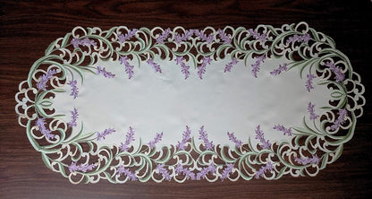 Table Runner with Purple Lavender Lilac Flowers on Antique White Material, Size 44 x 15 inches