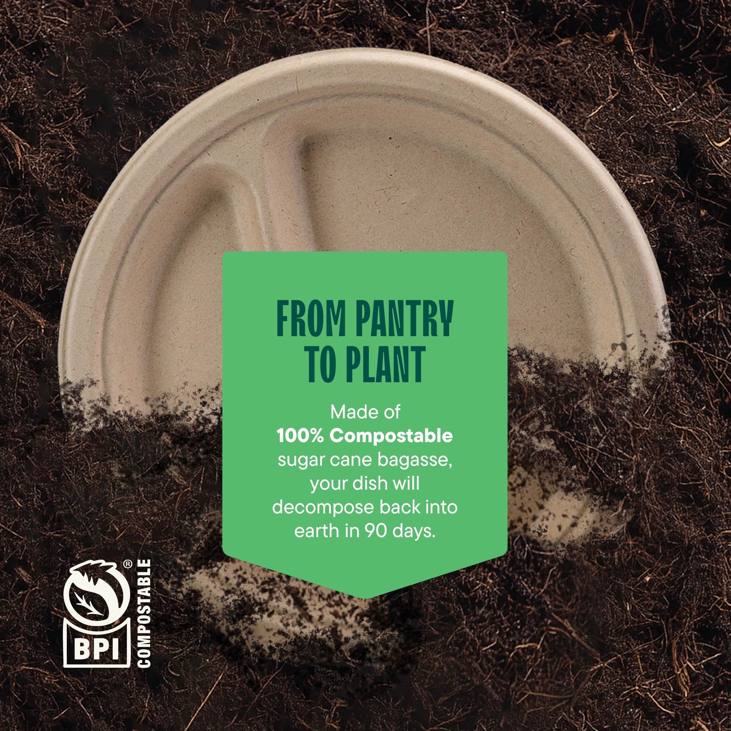 100% Compostable, 3 Compartment, Disposable Paper Plates [125-Pack] - {PFAS Free} - {BPA Certified} - [10 Inch] Heavy Duty Biodegradable Bagasse Sectional Lunch Trays + Dividers - Divided Platte Tray