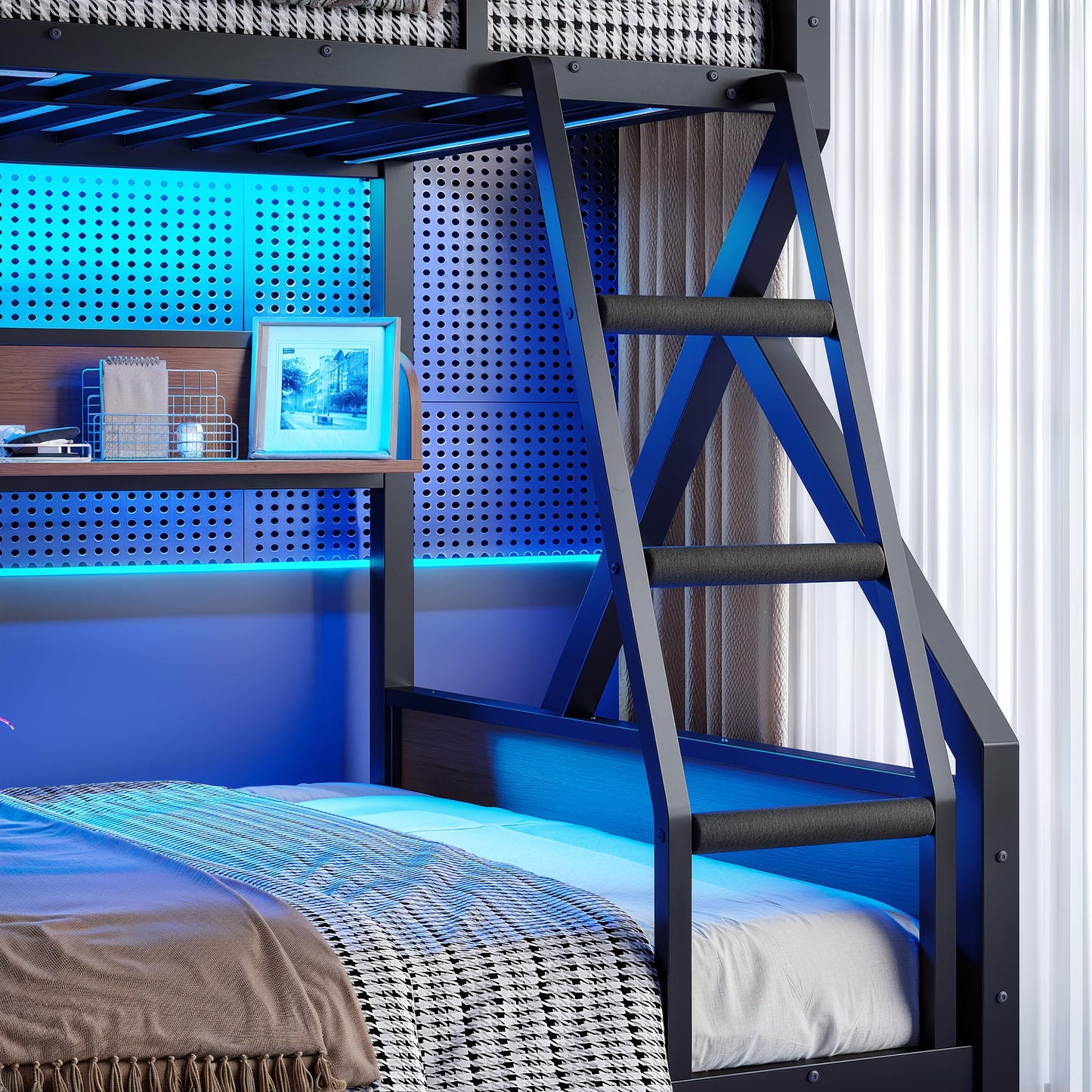 Bellemave Queen Over King Bunk Bed with Storage Shelf & LED Lights, Heavy Duty Metal Bunk Bed Frame with Guardrails & Ladder, No Box Spring Needed, Black
