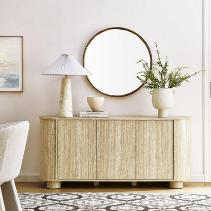 Modway Overture 63 Inch Oval Sideboard in Travertine - Buffet Cabinet with 3 Doors - Media Stand for Wall-Mounted TVs - Rounded Side Cabinet Console for Dining Room, Living Room, Hallway
