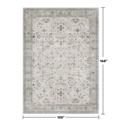 Hazo Haus Boho Light Grey Living Room Rug 10x14 - Modern Vintage Eclectic Floral Pastel Neutral Taupe, Washable Low Pile Non-Slip Extra Large Area Rugs for Dining Under Table Bedroom Lounge