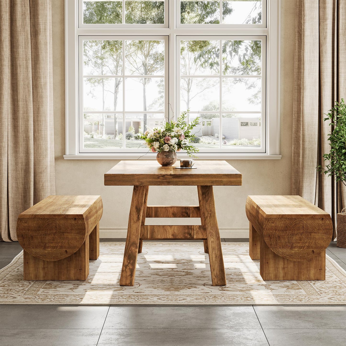 TRIBEWOOD Solid Wood Dining Bench, 47" Farmhouse Indoor Entryway Shoe Bench, Kitchen Bench for Dining Room, Living Room, Hallway (1, Brown)