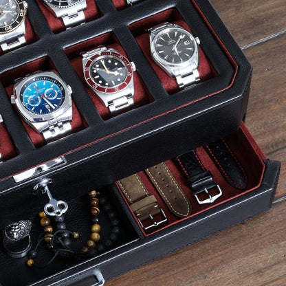 Gift Set 12 Slot Leather Watch Box with Valet Drawer & Matching Double Watch Winder - Luxury Case Display Organizer, Locking Mens Jewelry Watches Holder, Men's Storage Boxes Glass Top Black/Red