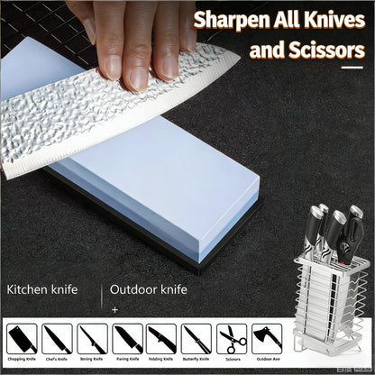 Dual Grit Whetstone 400/1000 3000/8000 Knife Sharpener with Leather Strop, Flattening Stone, Bamboo Base, 3 Non-slip Rubber Bases & Angle Guide | Perfect for Chef