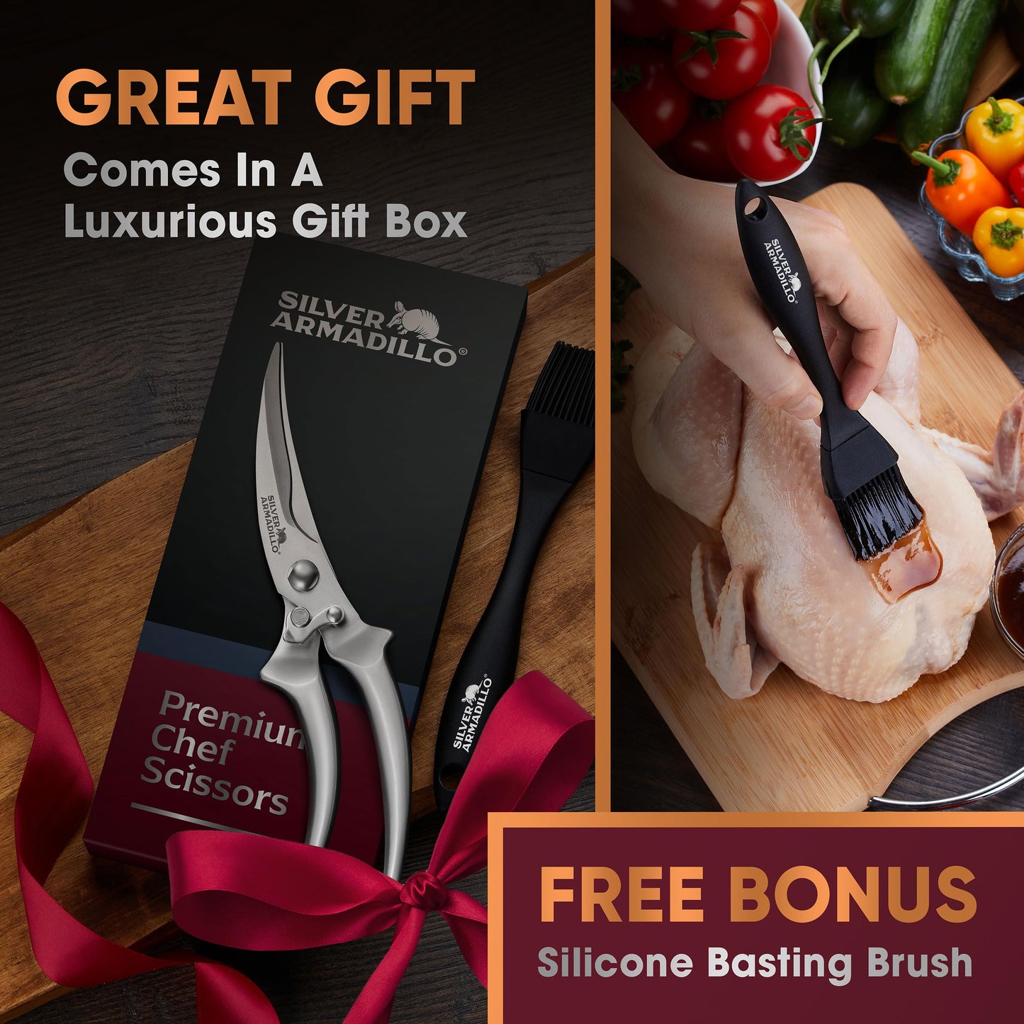 Silver Armadillo Heavy Duty Poultry Shears - Professional Stainless Steel Kitchen Scissors for Bone, Chicken, Meat, Fish & Vegetables - Spring Loaded (Stainless Steel handles)
