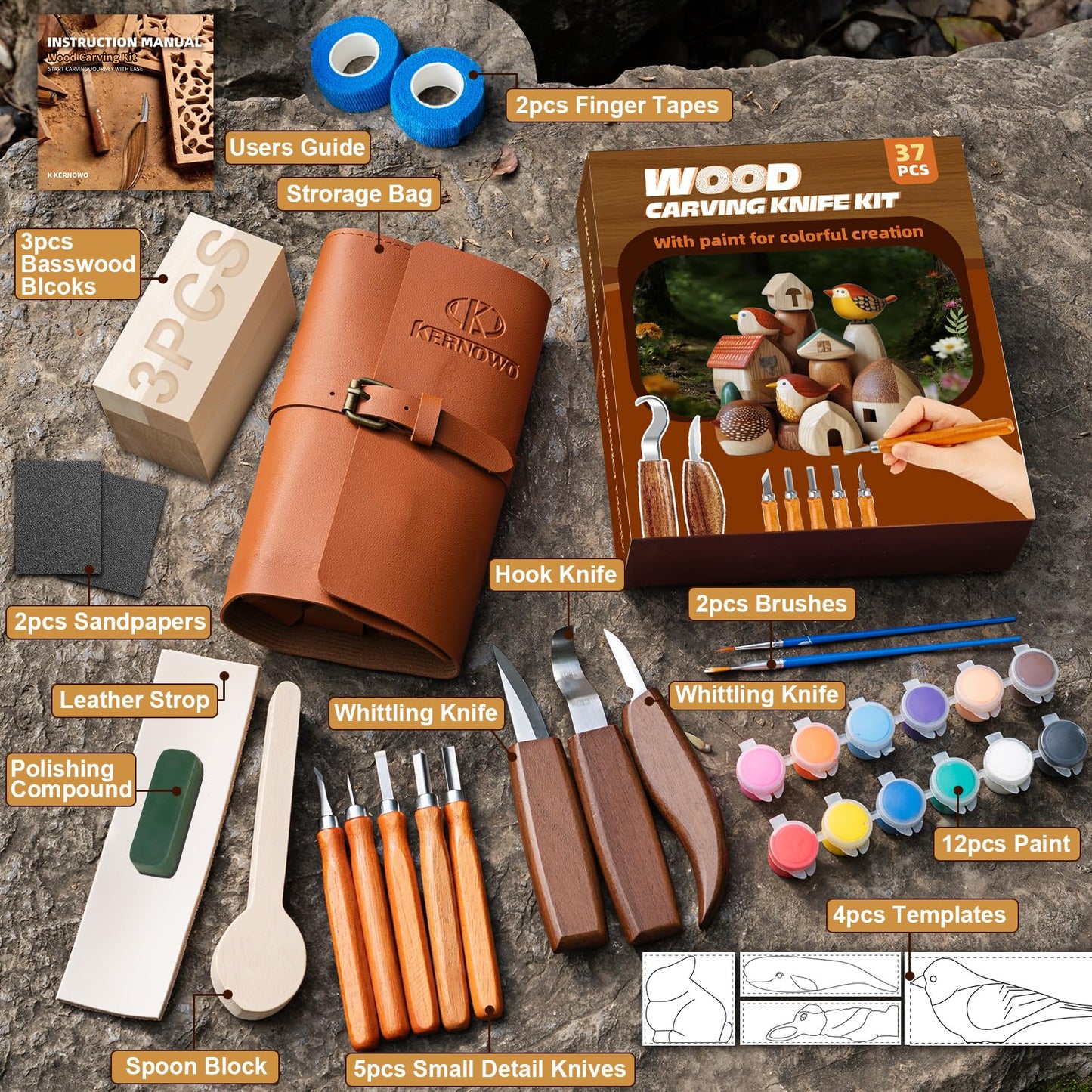 Wood Carving Kit, 37pcs Wood Carving Tools with 12 Color Paint, Wood Whittling Kit with 4pcs Templates & Users Guide for Beginners37Pcs Wood Carving Kit with Storage Bag