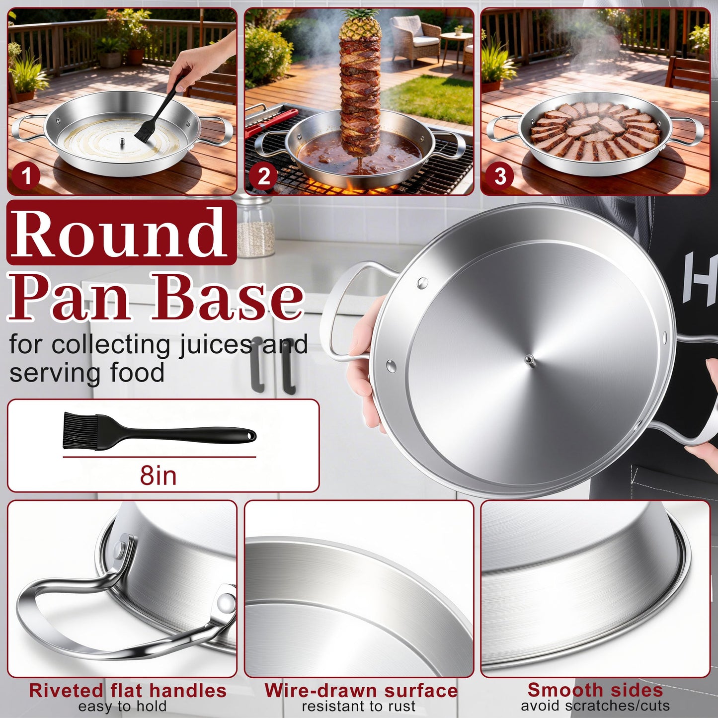 Al Pastor Skewer for Grill, HaSteeL Stainless Steel Shawarma Pan, Vertical Skewer Stand with 3 Removable Spikes(8"/10"/12") & Brush, Ideal for Tacos Al Pastor, Gyros, Shawarma Kebabs, Dishwasher Safe