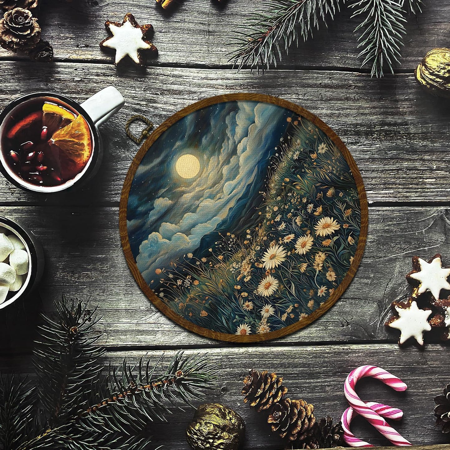 Moonlit Daisy Meadow Round Wall Art,10"x10" Romantic Nature Canvas Wall Hanging Decor with Frame, Rustic Night Landscape Wildflower Painting for Bedroom, Living Room, or Gift (FJ01)