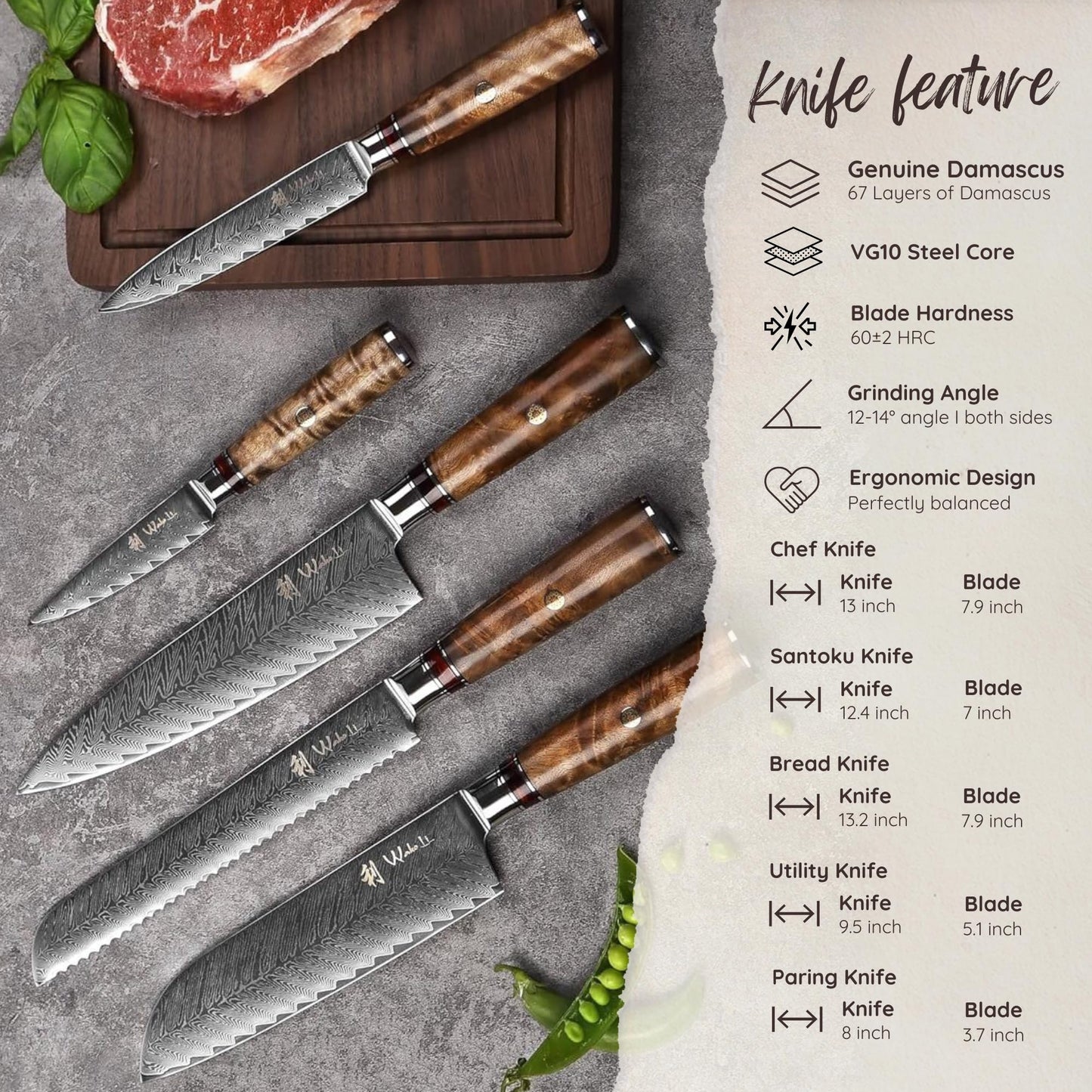 Wakoli Damascus Chef Knife Set with Magnetic Block – 5-Piece Professional Kitchen Knife Block Set, Genuine 67-Layer Damascus Steel Blades with VG10 Core & Ergonomic Sycamore Wood Handles