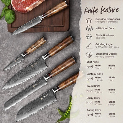 Wakoli Damascus Chef Knife Set with Magnetic Block – 5-Piece Professional Kitchen Knife Block Set, Genuine 67-Layer Damascus Steel Blades with VG10 Core & Ergonomic Sycamore Wood Handles