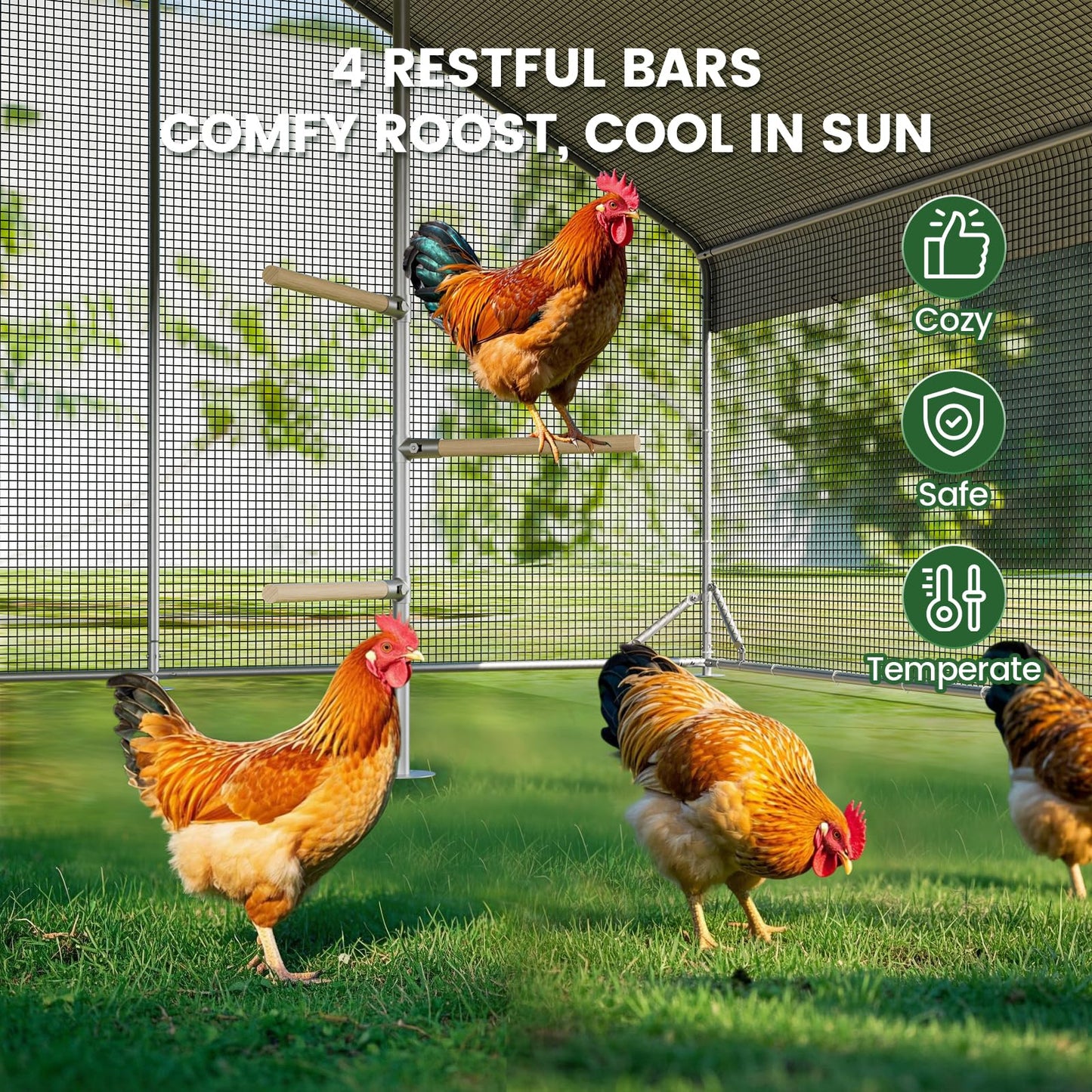 Large Chicken Coop with Chicken Run & Hardware Cloth, Solar Light, Waterproof & UV-Resistant Cover, Outdoor Poultry Cage for Farm Use,2 Room