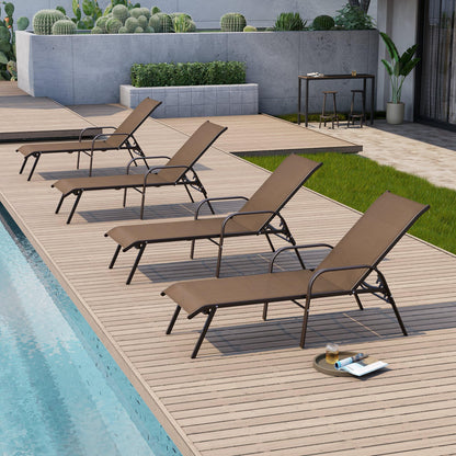 Crestlive Products Outdoor Chaise Lounge Chair, 5-Position Pool Lounge Chairs with Armrests Sunbathing Recliner for Patio, Beach, Deck, Yard (4PC Brown)