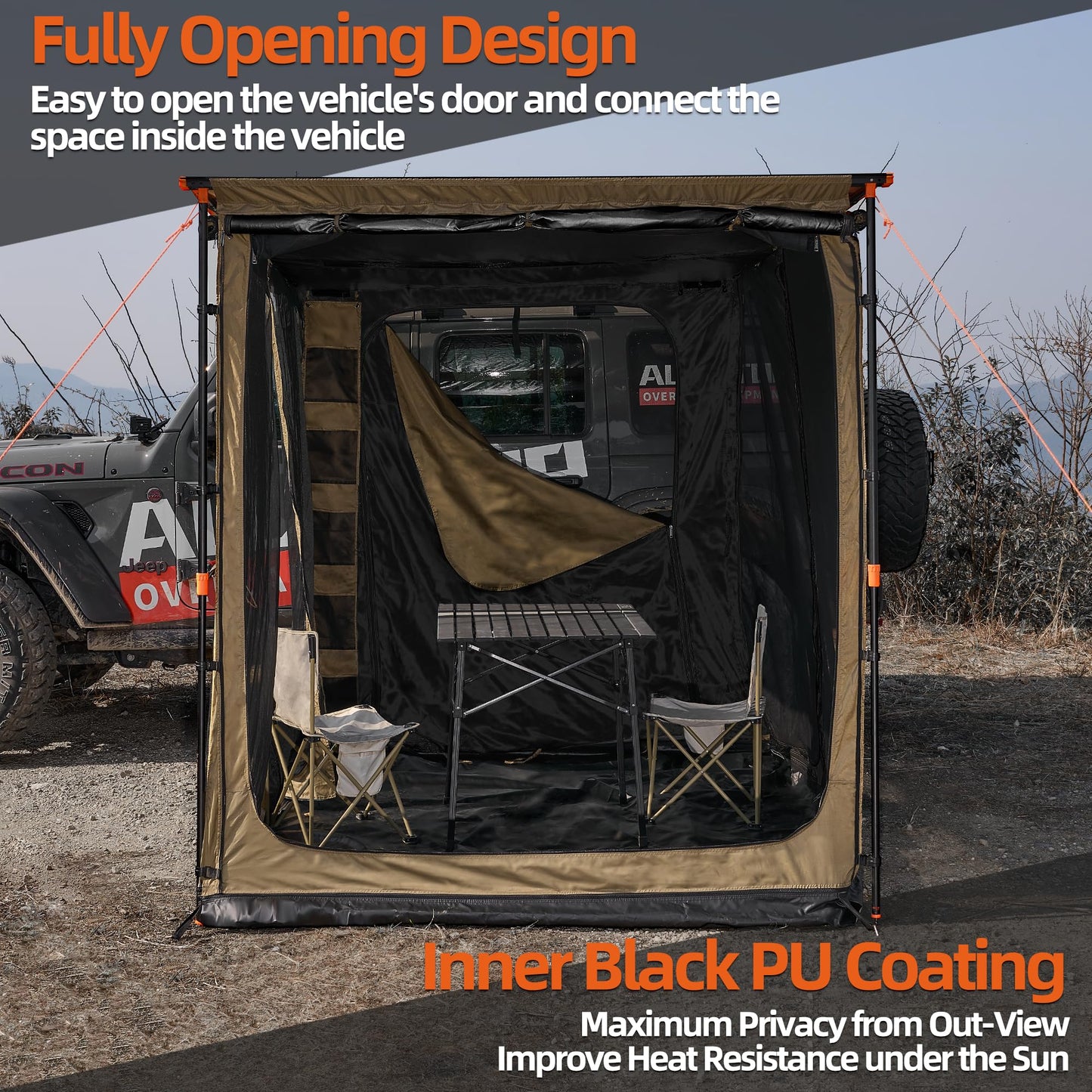 ALL-TOP Awning Room with Floor 6.6' x 8.2' Rip-Stop 210D Oxford Awning Tent with Bug-Resistance Mesh, Waterproof Sun Shelter for Overland, Camping(Black Coating, Room Only)