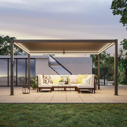 SANLUCE Patio LED Louvered Pergola, 12x14 Ft Outdoor Metal Pergolas with Adjustable Roof and LED Strip Lights, Easy Assembly Outdoor Pergola for Patio, Garden, Deck, Backyard(Brown)
