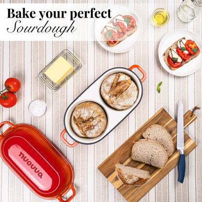 Dutch Oven For Sourdough Bread Baking – Enamelled Cast Iron Bread Loaf Pot – 500°F Oven Safe Non Stick Bread Pot – Double Round Loaf Space, 16.5cm Diameter, Orange, – by Nuovva
