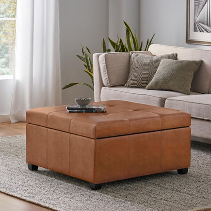Christopher Knight Home Carlsbad PU Ottoman with Storage Square,Faux Leather Storage Ottoman Bench,Small Foot Rest Stool, End Side Table,Upholstered Toy Box Storage for Living Room Bed Room,Tan Brown