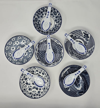 Porcelain Chinese Japanese Bowl Sets with Free 6 Porcelain Spoons, Set of 6