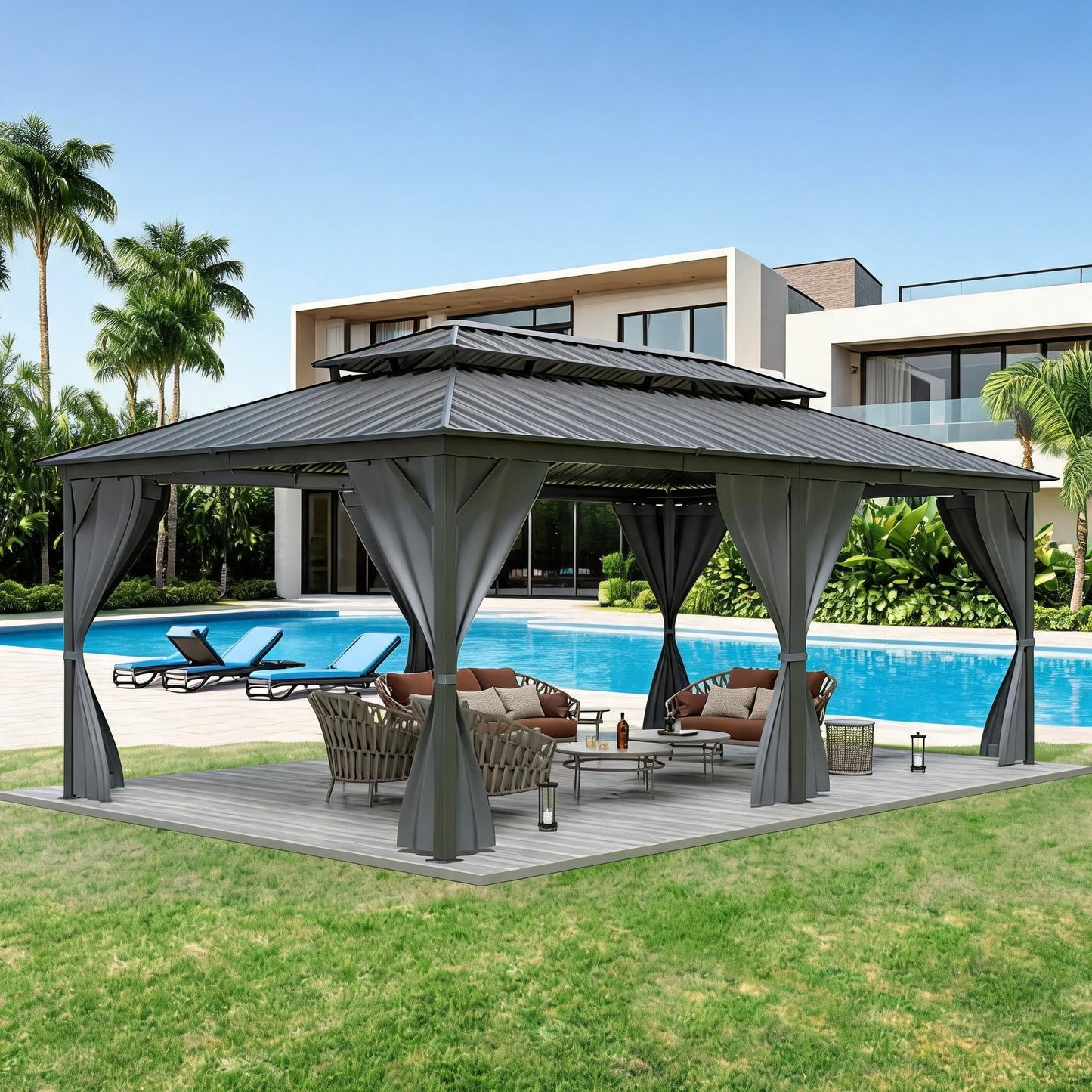 12x20 ft Hardtop Gazebo with Extra Overhang Design, Permanent Aluminum Gazebo with Double Galvanized Steel Roof, Outdoor Pavilion with Mosquito Netting and Privacy Curtains for Patio Backyard Garden