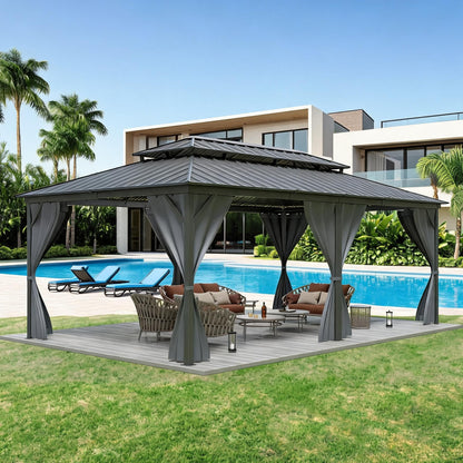 12x20 ft Hardtop Gazebo with Extra Overhang Design, Permanent Aluminum Gazebo with Double Galvanized Steel Roof, Outdoor Pavilion with Mosquito Netting and Privacy Curtains for Patio Backyard Garden